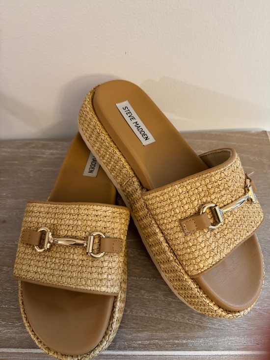 Steve Madden Shoes - Steve Madden Tan Woven raffia Slide Mules with Gold Accent